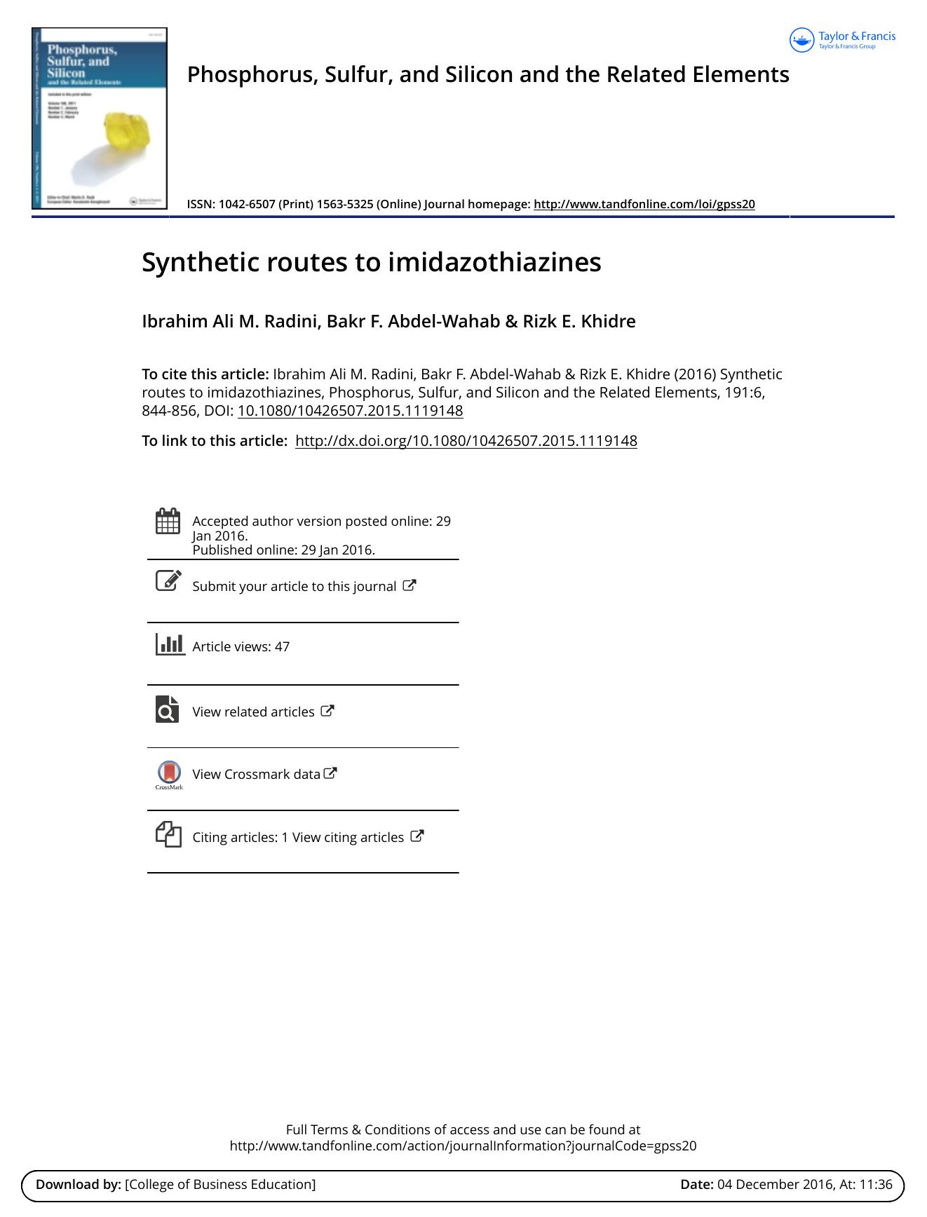 Synthetic routes to imidazothiazines by Ibrahim Ali M. Radini & Bakr F. Abdel-Wahab & Rizk E. Khidre
