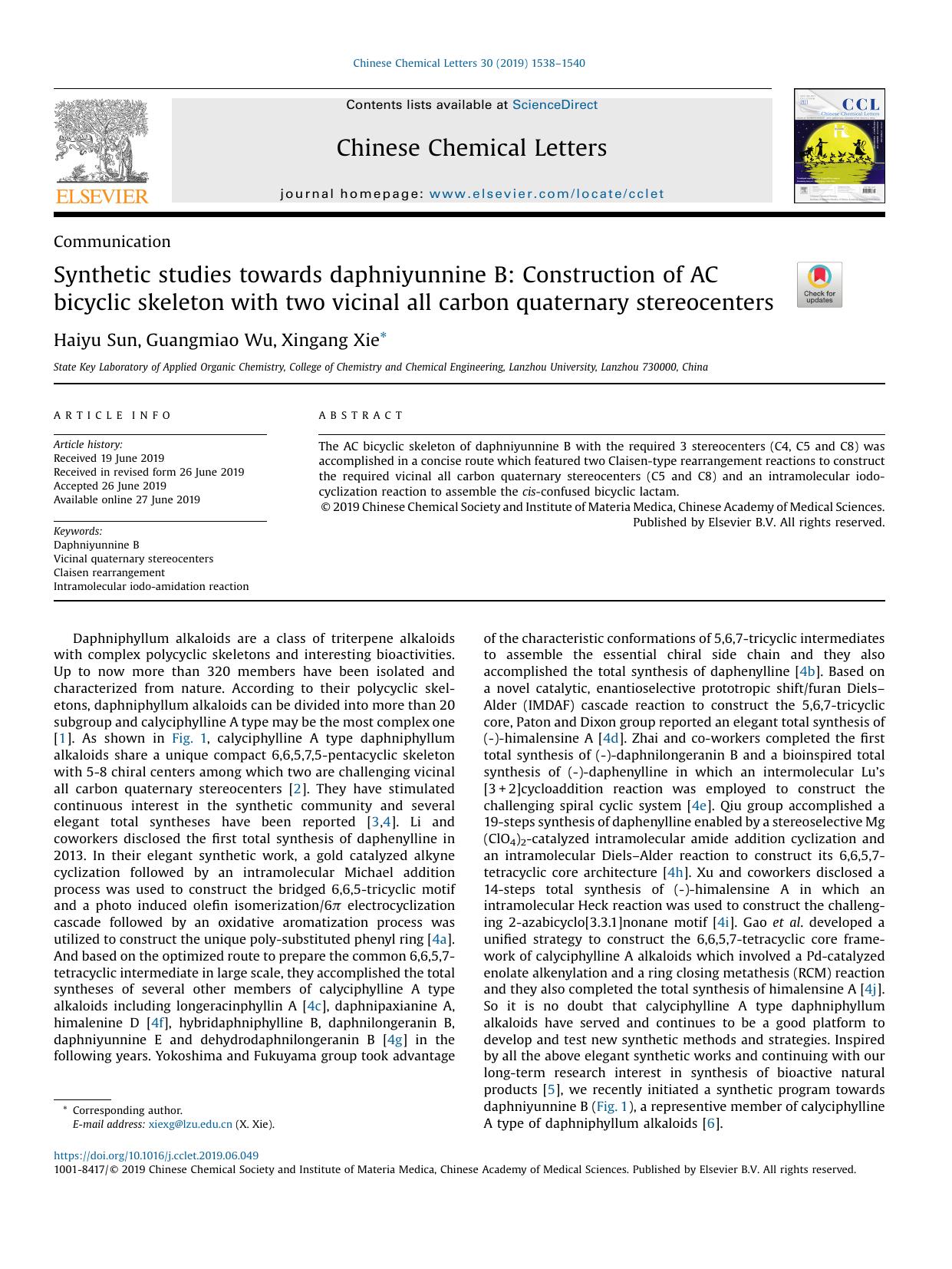 Synthetic studies towards daphniyunnine B: Construction of AC bicyclic skeleton with two vicinal all carbon quaternary stereocenters by Haiyu Sun & Guangmiao Wu & Xingang Xie