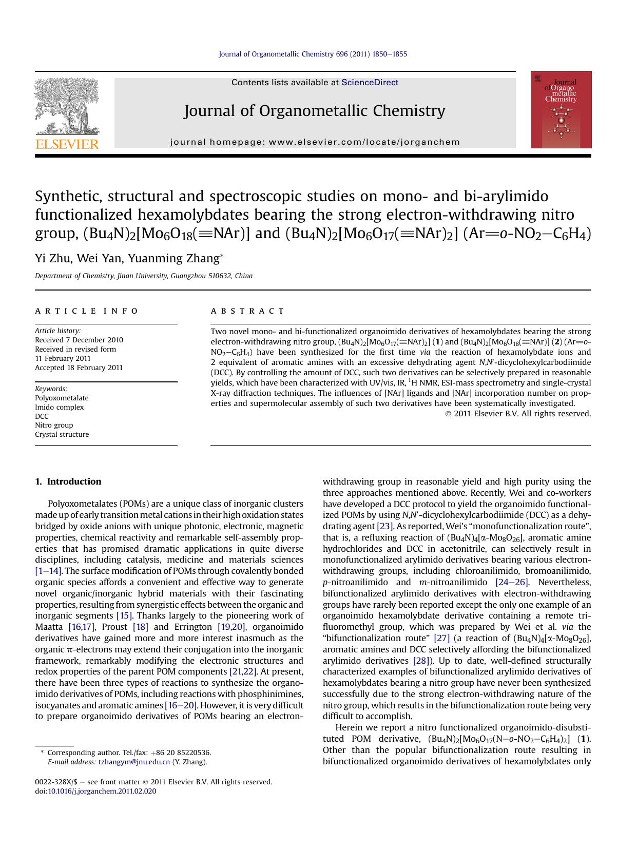 Synthetic, structural and spectroscopic studies on mono- and bi-arylimido functionalized hexamolybdates bearing the strong electron-withdrawing nitro group, (Bu4N)2[Mo6O18(NAr)] an by Yi Zhu & Wei Yan & Yuanming Zhang