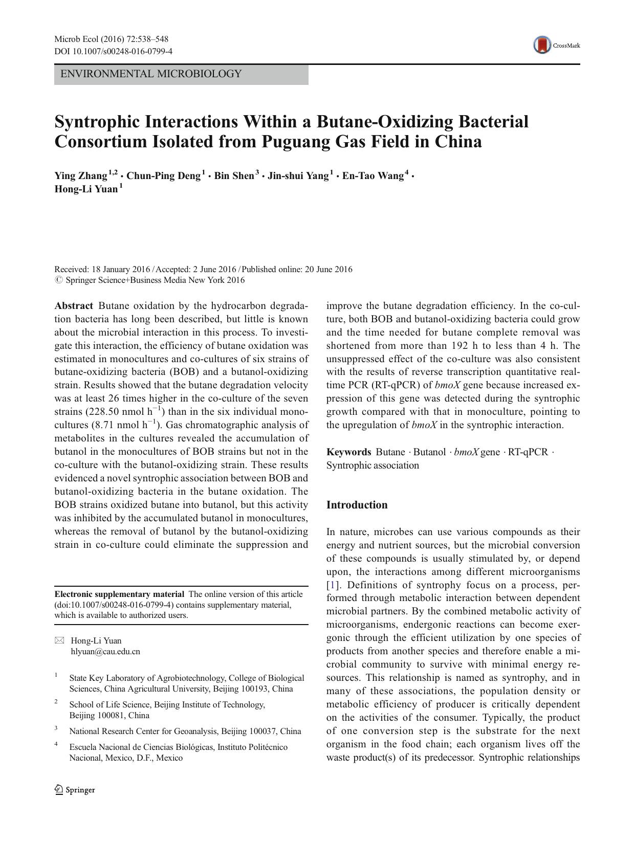 Syntrophic Interactions Within a Butane-Oxidizing Bacterial Consortium Isolated from Puguang Gas Field in China by Ying Zhang & Chun-Ping Deng & Bin Shen & Jin-shui Yang & En-Tao Wang & Hong-Li Yuan