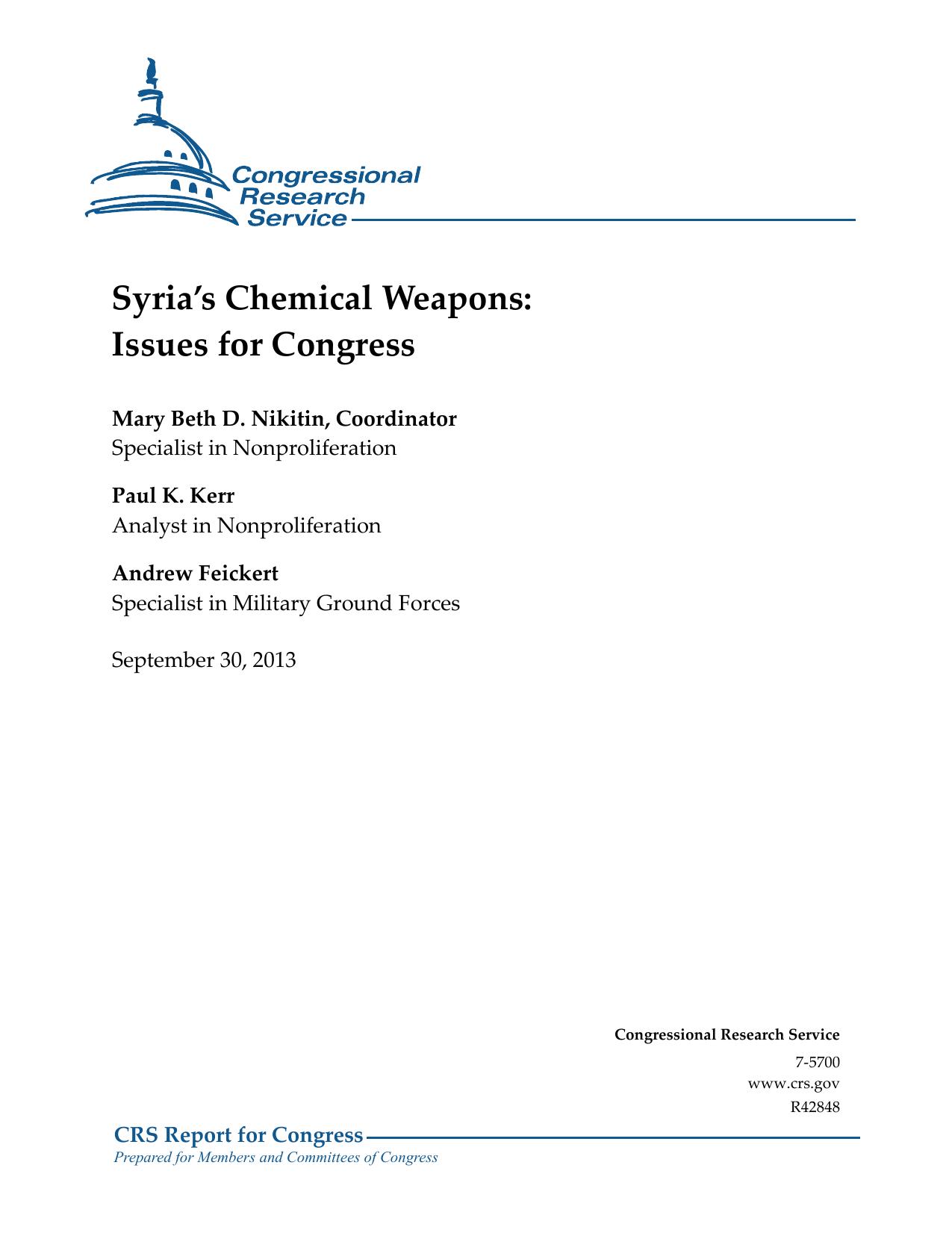 Syria's Chemical Weapons: Issues for Congress by R42848