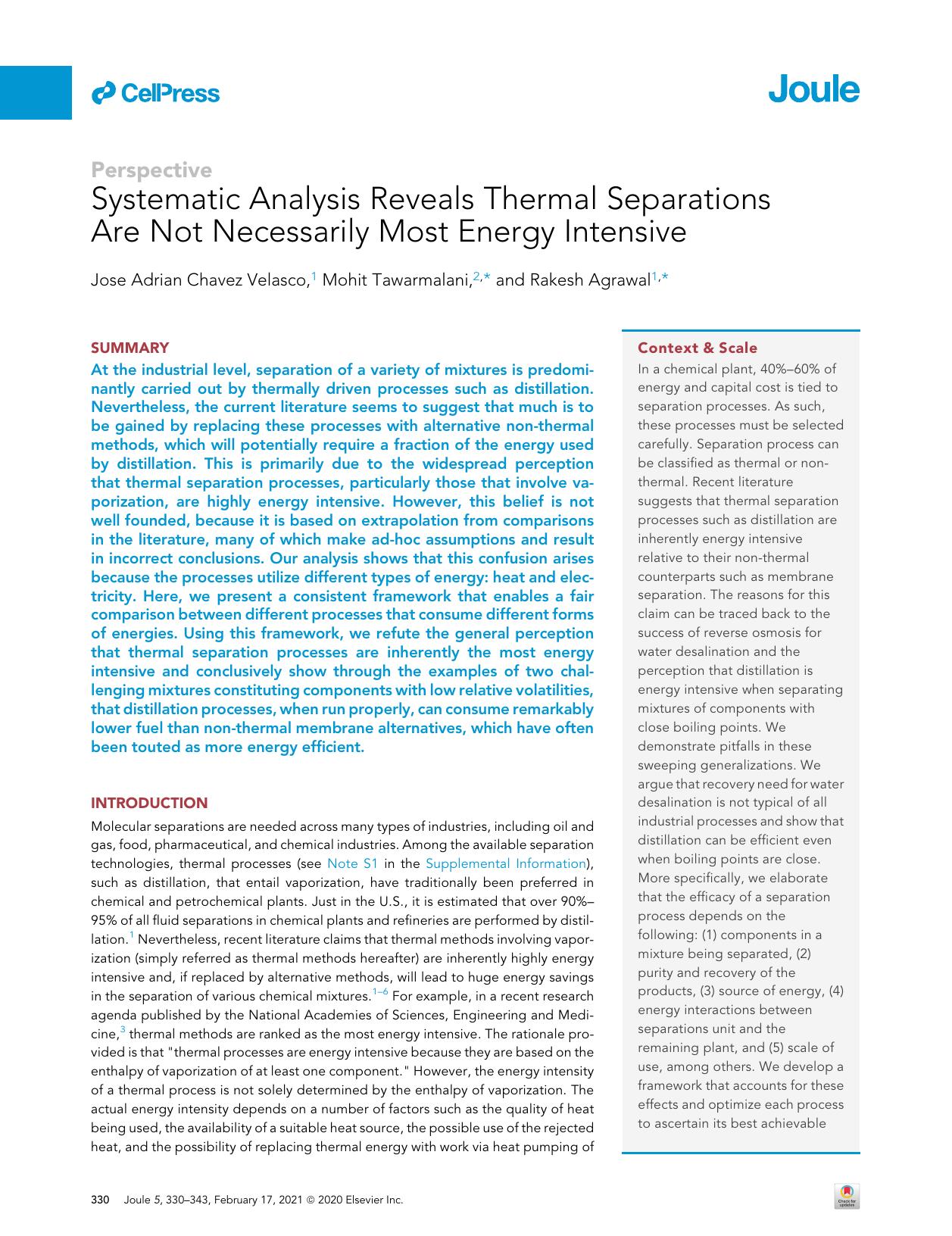 Systematic Analysis Reveals Thermal Separations Are Not Necessarily Most Energy Intensive by Jose Adrian Chavez Velasco & Mohit Tawarmalani & Rakesh Agrawal