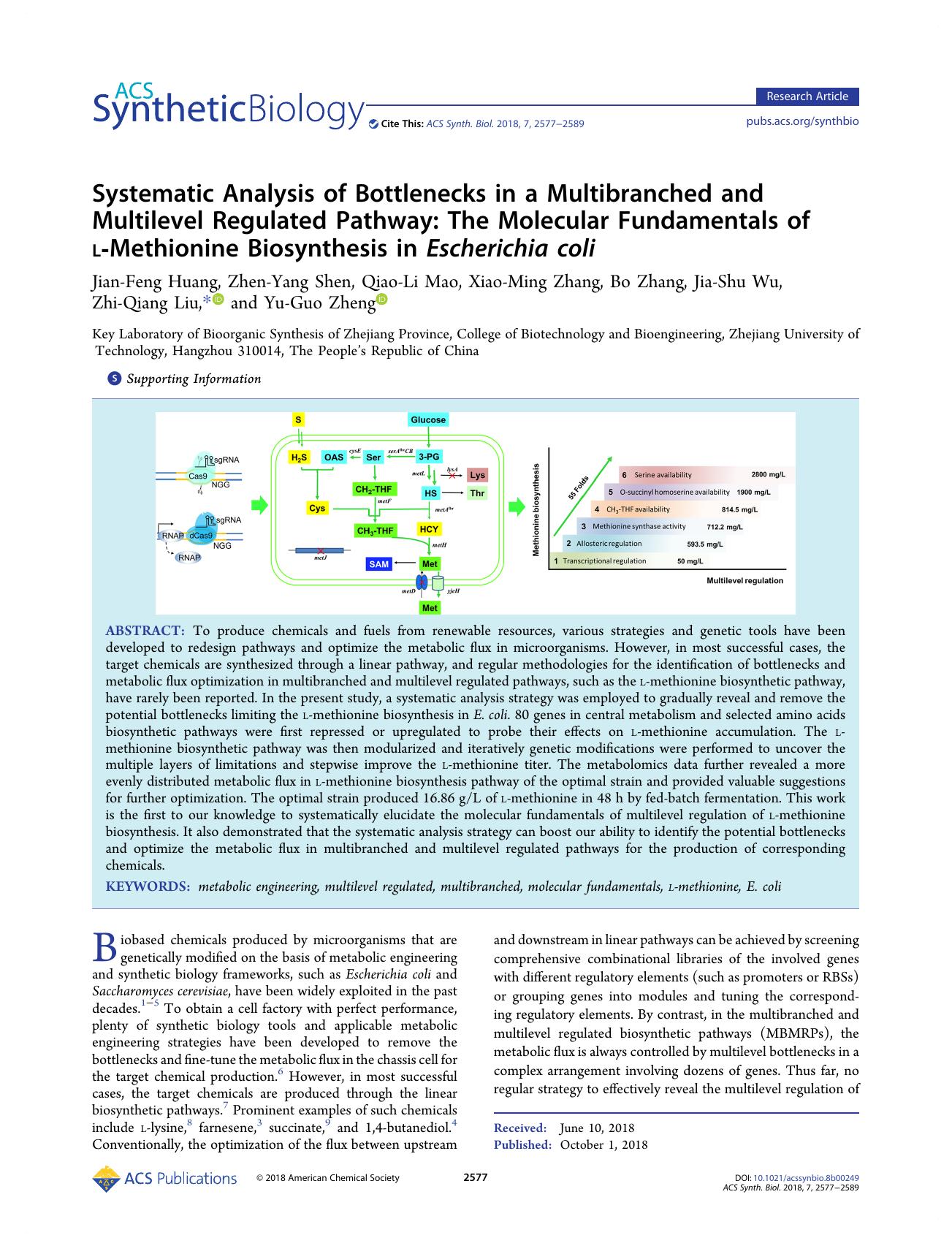 Systematic Analysis of Bottlenecks in a Multibranched and Multilevel Regulated Pathway: The Molecular Fundamentals of l-Methionine Biosynthesis in Escherichia coli by unknow