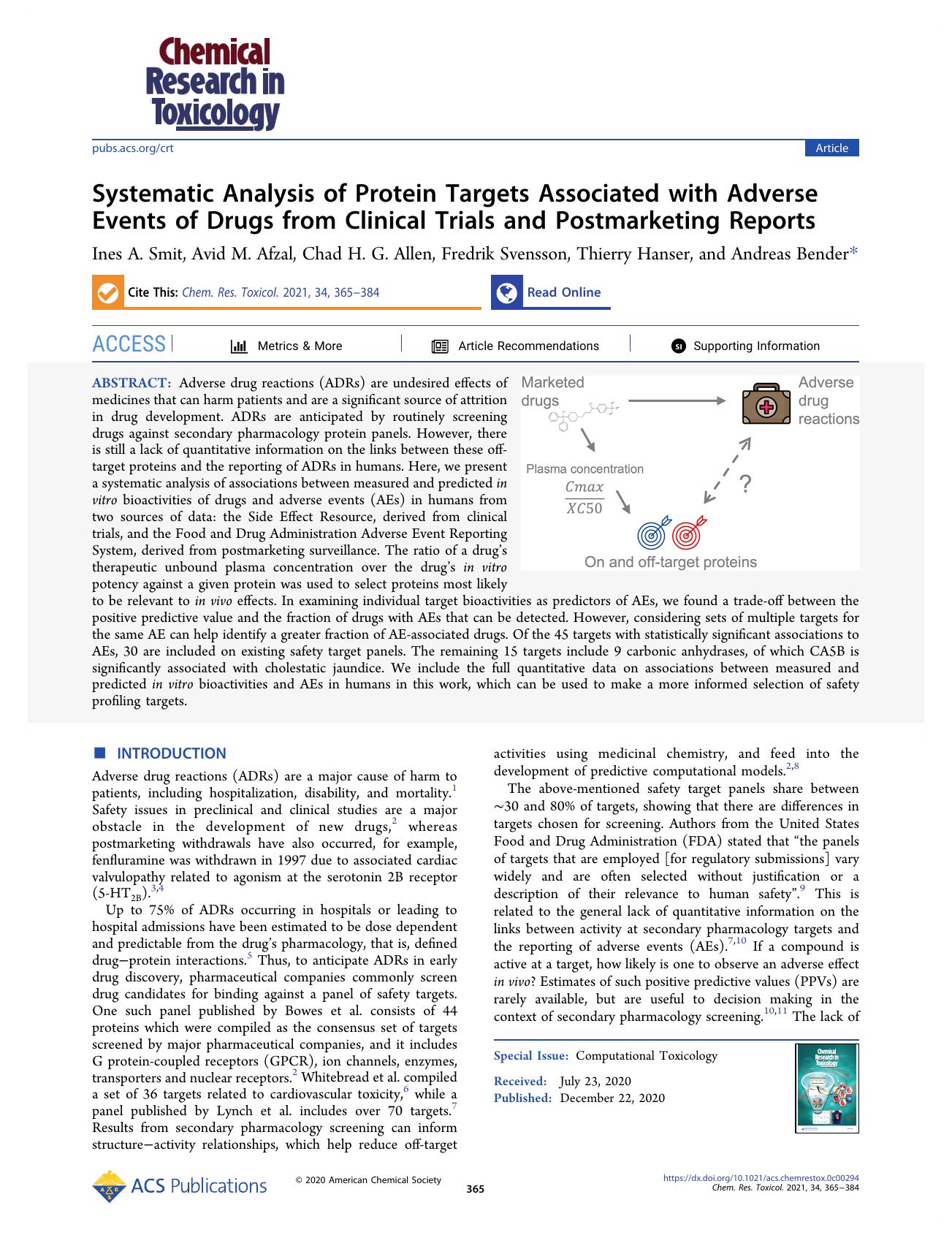 Systematic Analysis of Protein Targets Associated with Adverse Events of Drugs from Clinical Trials and Postmarketing Reports by Ines A. Smit Avid M. Afzal Chad H. G. Allen Fredrik Svensson Thierry Hanser and Andreas Bender