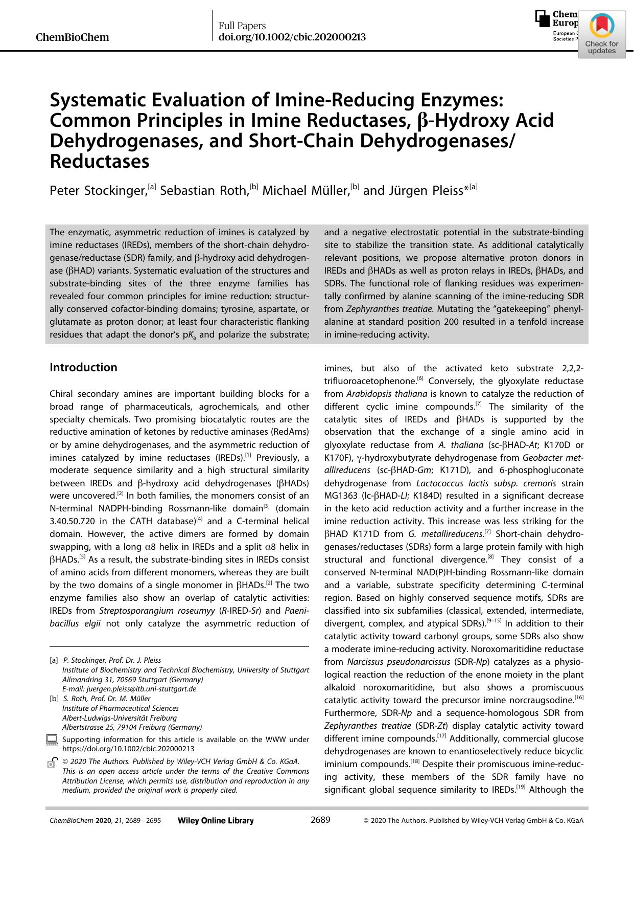 Systematic Evaluation of ImineâReducing Enzymes: Common Principles in Imine Reductases, Î²âHydroxy Acid Dehydrogenases, and ShortâChain Dehydrogenases Reductases by Unknown