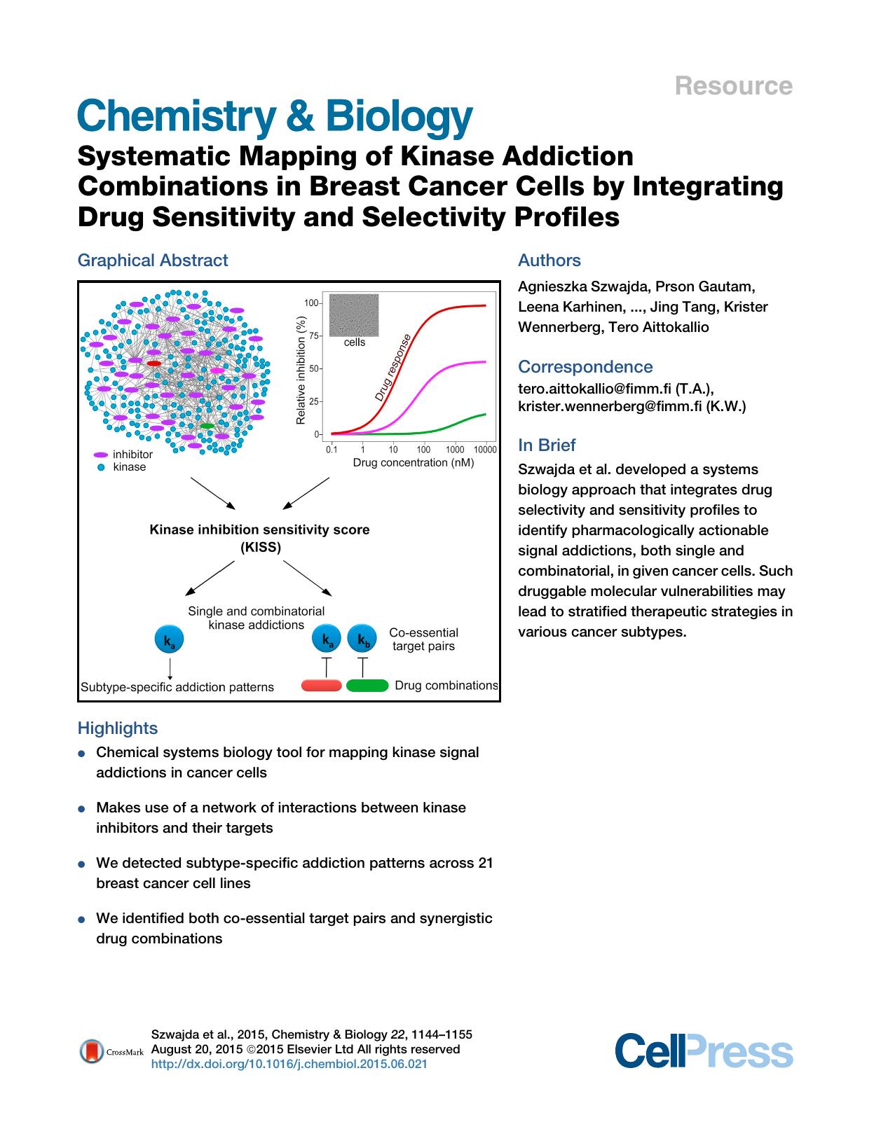 Systematic Mapping of Kinase Addiction Combinations in Breast Cancer Cells by Integrating Drug Sensitivity and Selectivity Profiles by unknow