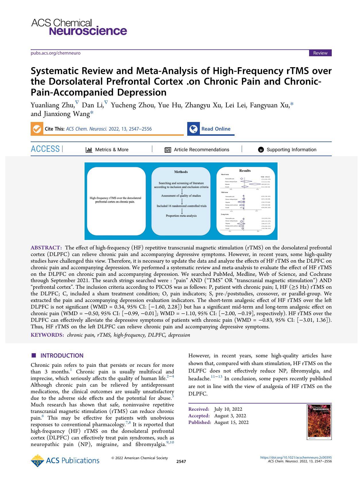 Systematic Review and Meta-Analysis of High-Frequency rTMS over the Dorsolateral Prefrontal Cortex .on Chronic Pain and Chronic-Pain-Accompanied Depression by Yuanliang Zhu Dan Li Yucheng Zhou Yue Hu Zhangyu Xu Lei Lei Fangyuan Xu and Jianxiong Wang