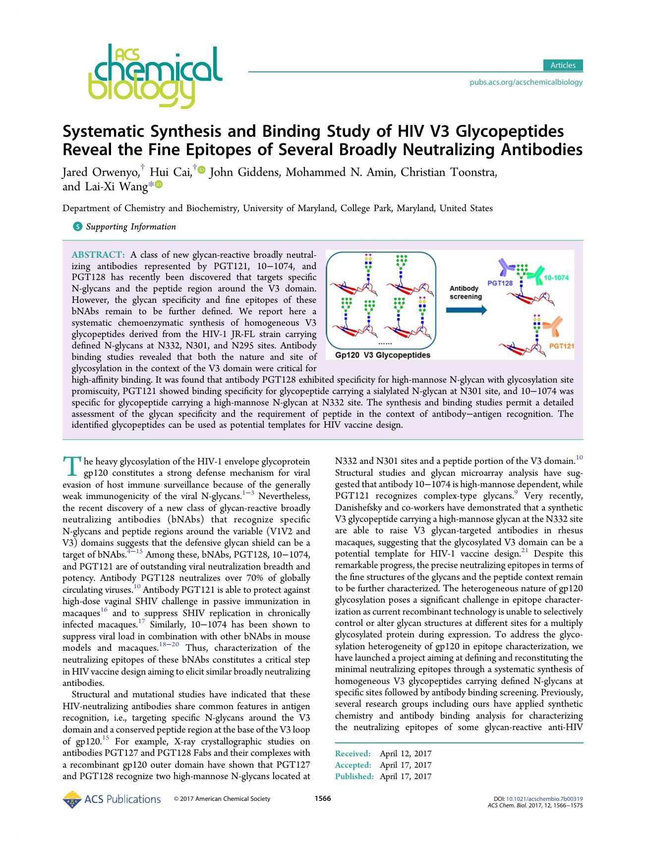 Systematic Synthesis and Binding Study of HIV V3 Glycopeptides Reveal the Fine Epitopes of Several Broadly Neutralizing Antibodies by Jared Orwenyo Hui Cai John Giddens Mohammed N. Amin Christian Toonstra & Lai-Xi Wang