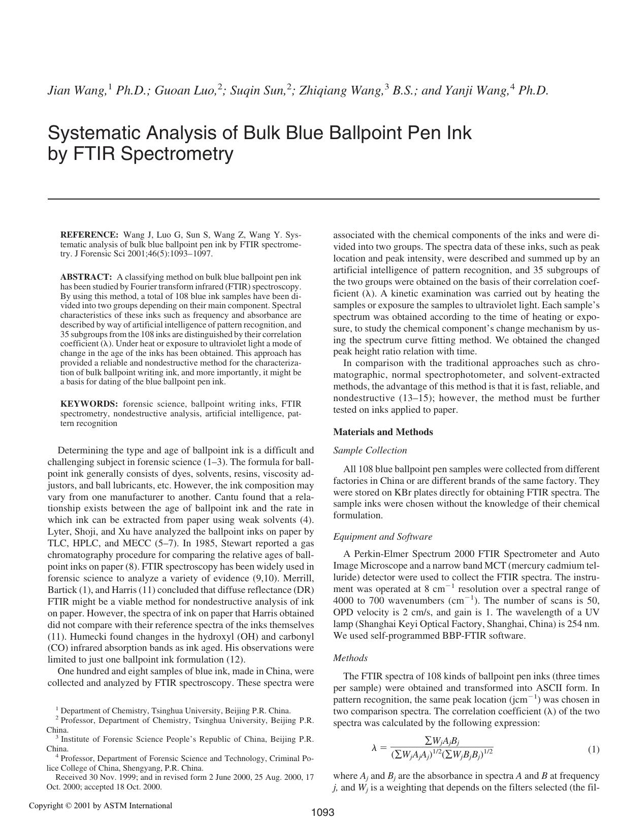 Systematic analysis of bulk blue ballpoint pen ink by FTIR spectrometry by Wang J Luo G Sun S Wang Z Wang Y