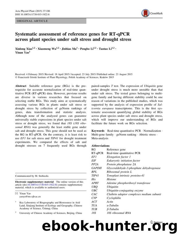 Systematic assessment of reference genes for RT-qPCR across plant species under salt stress and drought stress by Xinlong Xiao & Xiaomeng Wu & Jinbiao Ma & Pengbo Li & Taotao Li & Yinan Yao
