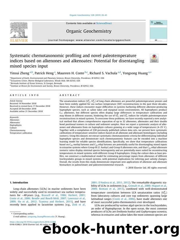 Systematic chemotaxonomic profiling and novel paleotemperature indices based on alkenones and alkenoates: Potential for disentangling mixed species input by Yinsui Zheng & Patrick Heng & Maureen H. Conte & Richard S. Vachula & Yongsong Huang