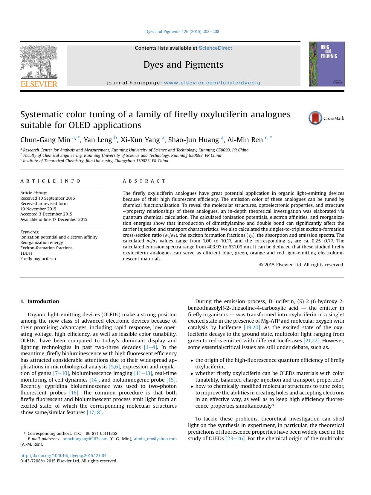 Systematic color tuning of a family of firefly oxyluciferin analogues suitable for OLED applications by Chun-Gang Min & Yan Leng & Xi-Kun Yang & Shao-Jun Huang & Ai-Min Ren