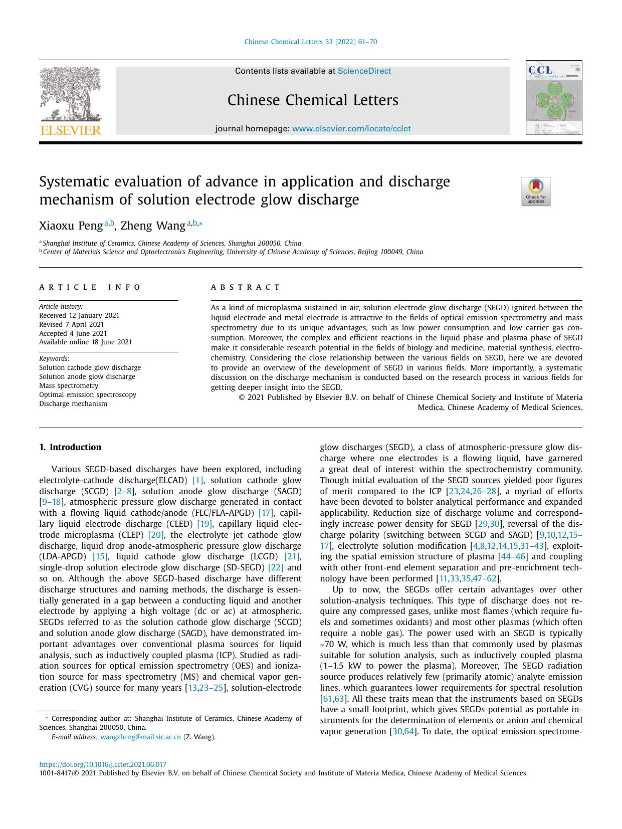 Systematic evaluation of advance in application and discharge mechanism of solution electrode glow discharge by Xiaoxu Peng & Zheng Wang