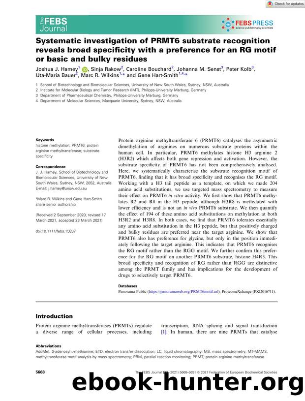 Systematic investigation of PRMT6 substrate recognition reveals broad specificity with a preference for an RG motif or basic and bulky residues by Unknown