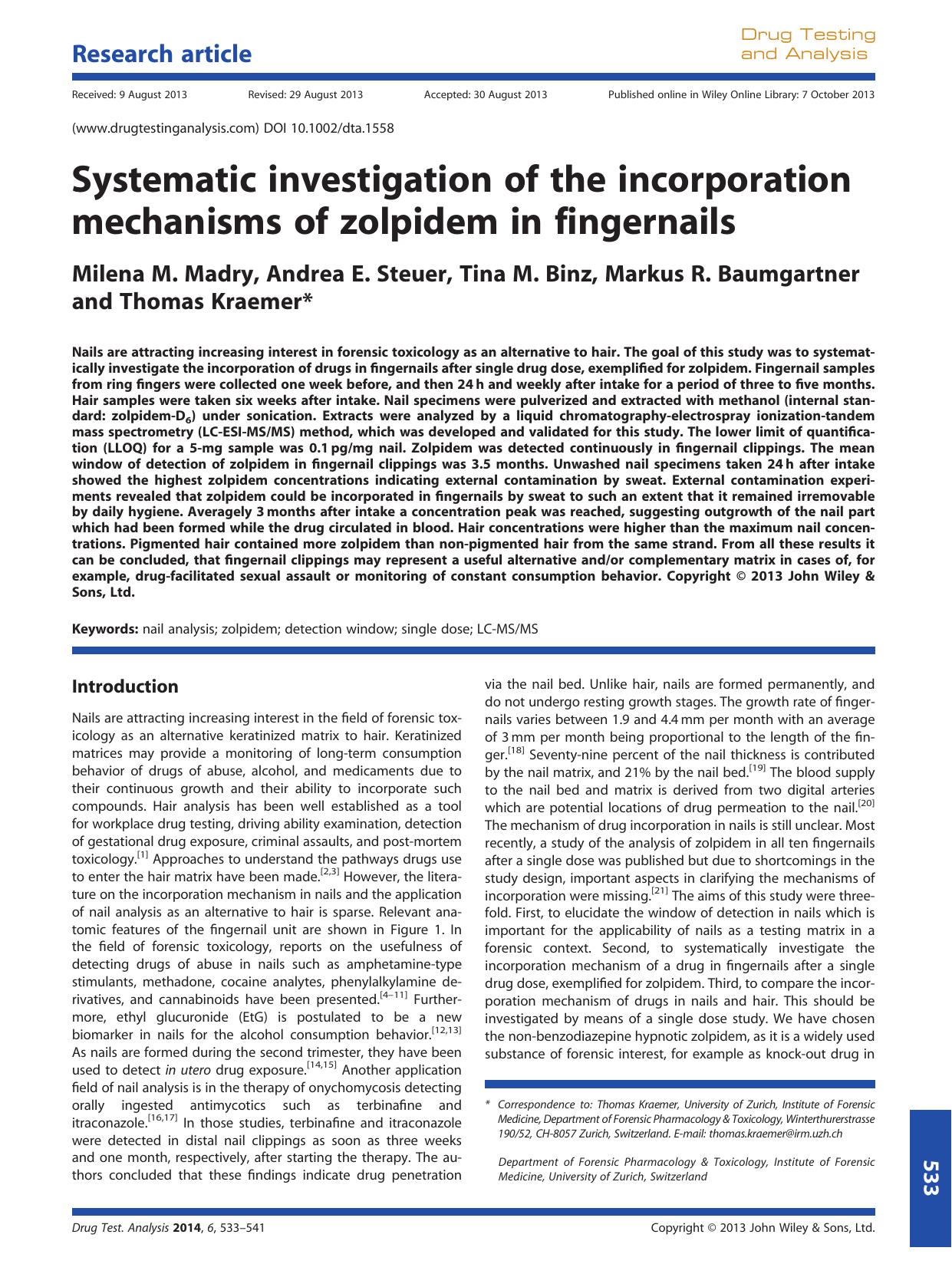 Systematic investigation of the incorporation mechanisms of zolpidem in fingernails by Unknown