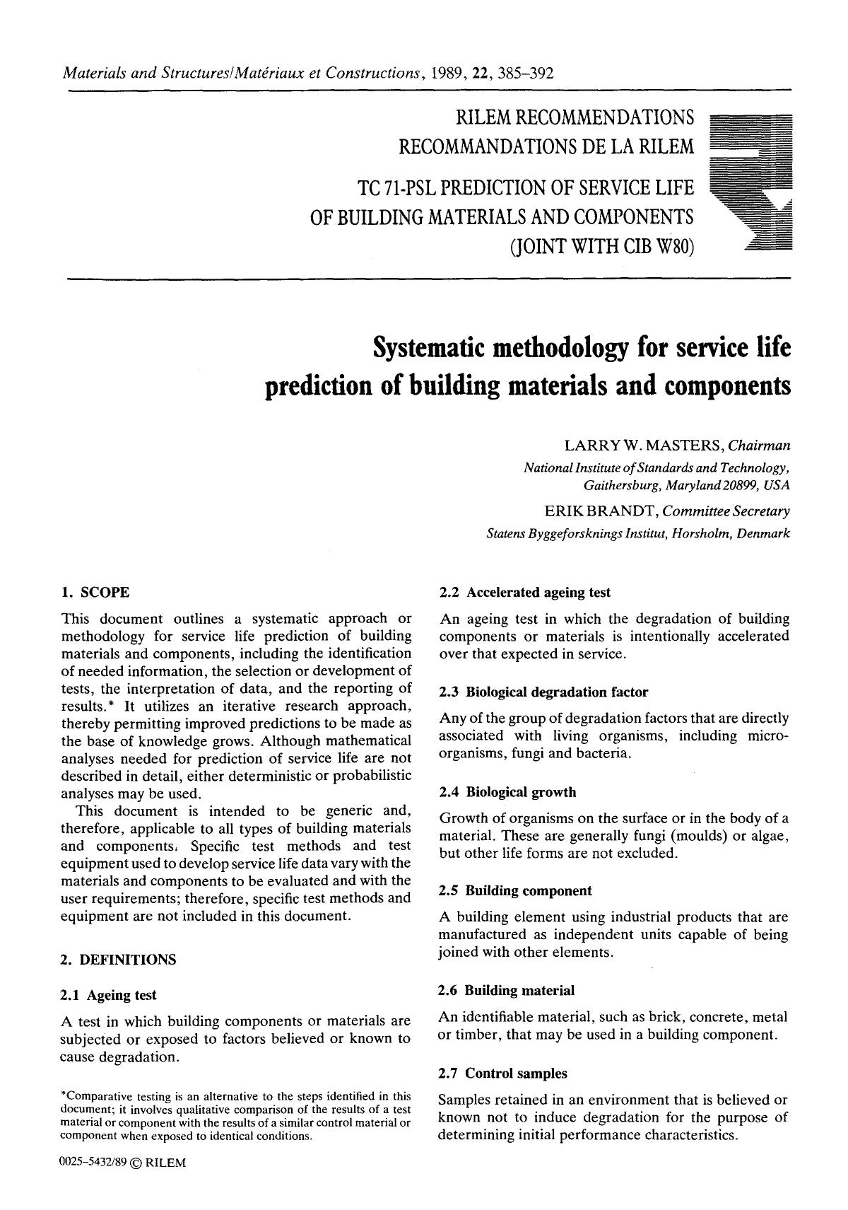 Systematic methodology for service life prediction of building materials and components by Unknown