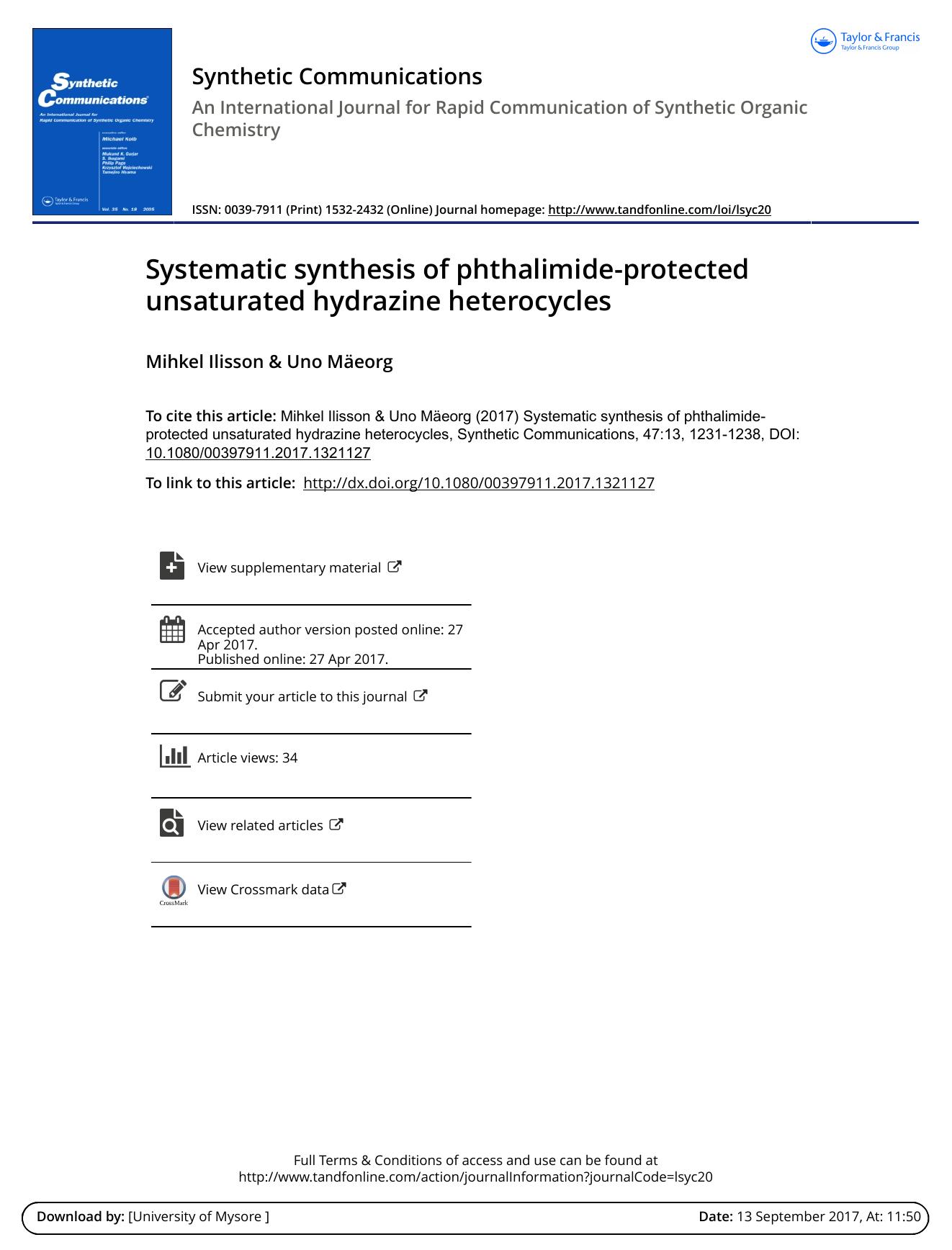 Systematic synthesis of phthalimide-protected unsaturated hydrazine heterocycles by Mihkel Ilisson