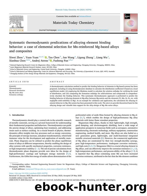 Systematic thermodynamic predications of alloying element binding behavior: a case of elemental selection for Mn-reinforced Mg-based alloys and composites by unknow
