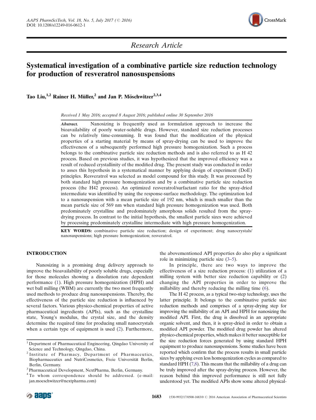 Systematical investigation of a combinative particle size reduction technology for production of resveratrol nanosuspensions by Tao Liu & Rainer H. Müller & Jan P. Möschwitzer