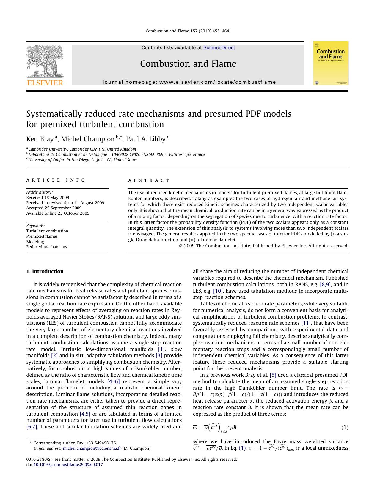 Systematically reduced rate mechanisms and presumed PDF models for premixed turbulent combustion by Ken Bray; Michel Champion; Paul A. Libby