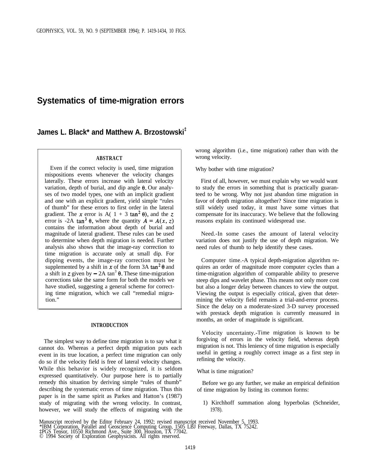 Systematics of time-migration errors by M.A. Brzostowski J.L. Black