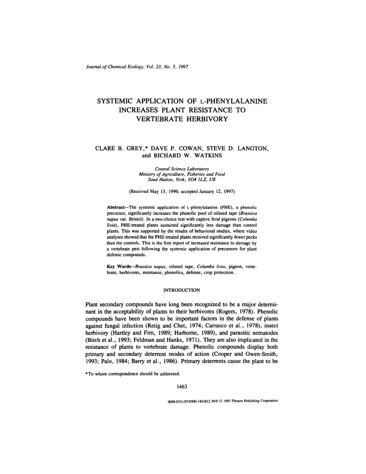 Systemic Application of L-Phenylalanine Increases Plant Resistance to Vertebrate Herbivory by Unknown