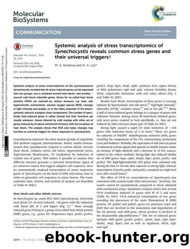 Systemic analysis of stress transcriptomics of Synechocystis reveals common stress genes and their universal triggers by M. A. Sinetova & D. A. Los