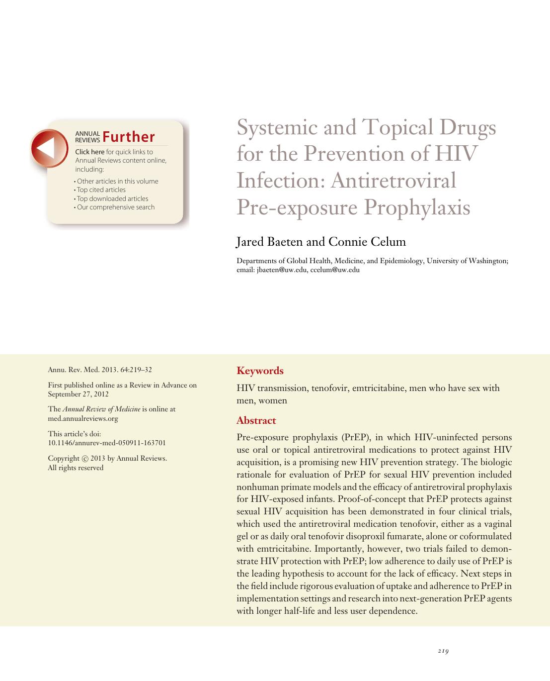 Systemic and Topical Drugs for the Prevention of HIV Infection: Antiretroviral Pre-exposure Prophylaxis by Jared Baeten and Connie Celum