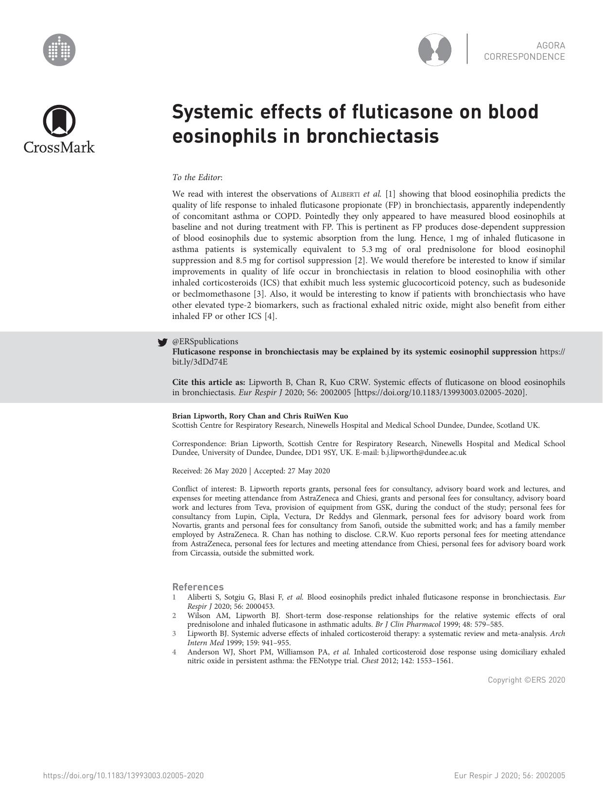 Systemic effects of fluticasone on blood eosinophils in bronchiectasis by Brian Lipworth & Rory Chan & Chris RuiWen Kuo