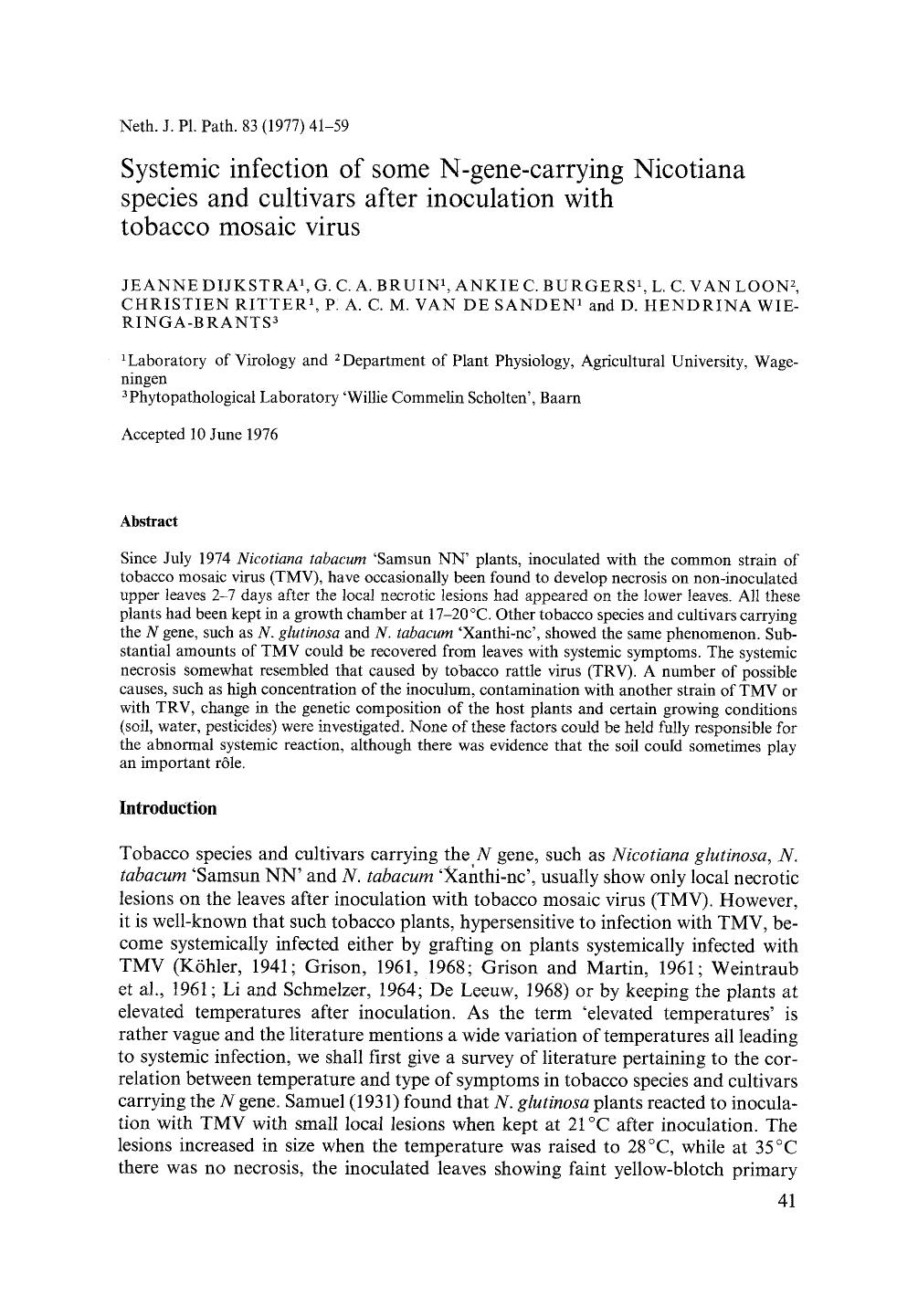 Systemic infection of some N-gene-carrying Nicotiana species and cultivars after inoculation with tobacco mosaic virus by Unknown