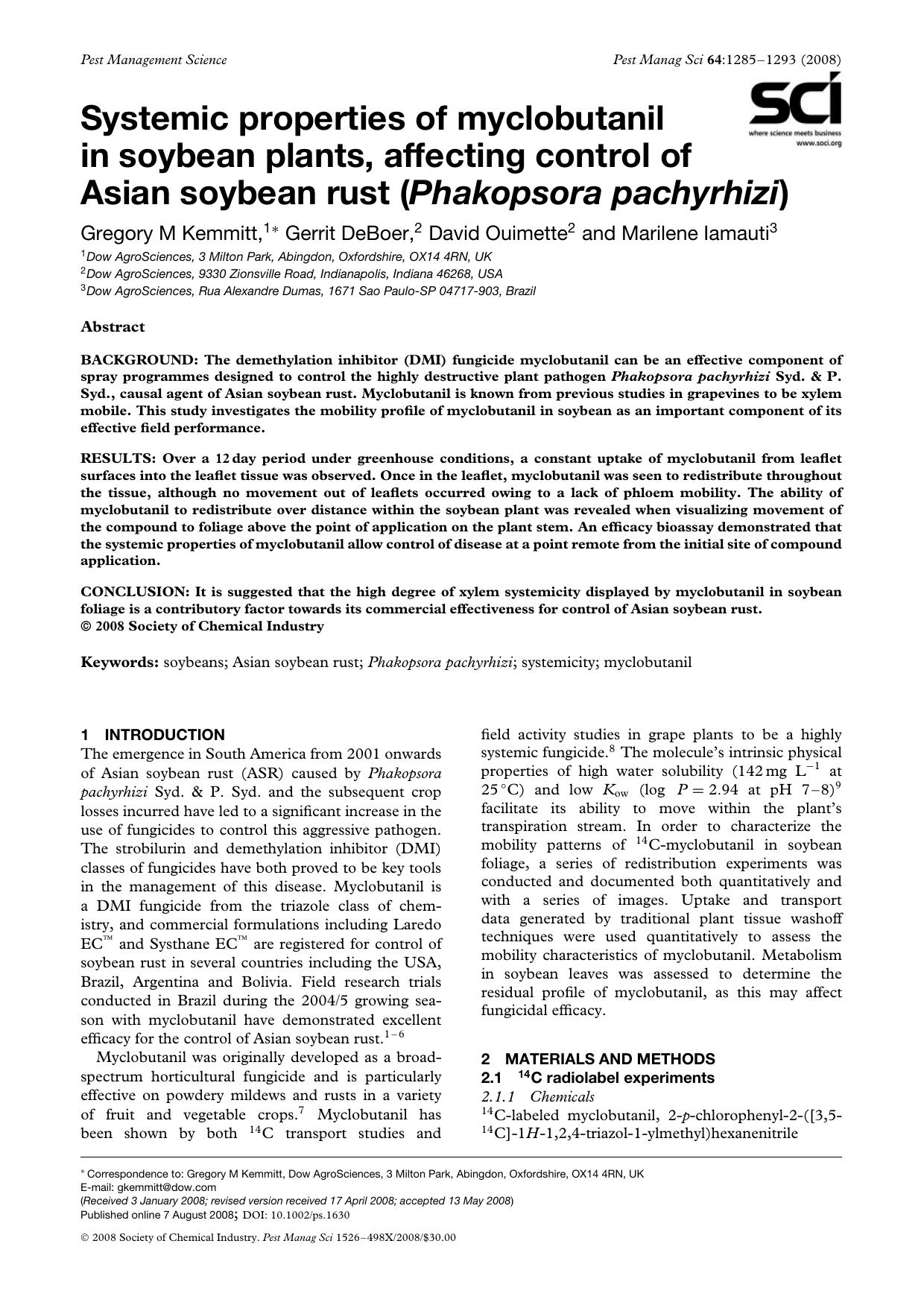 Systemic properties of myclobutanil in soybean plants, affecting control of Asian soybean rust (Phakopsora pachyrhizi) by Unknown