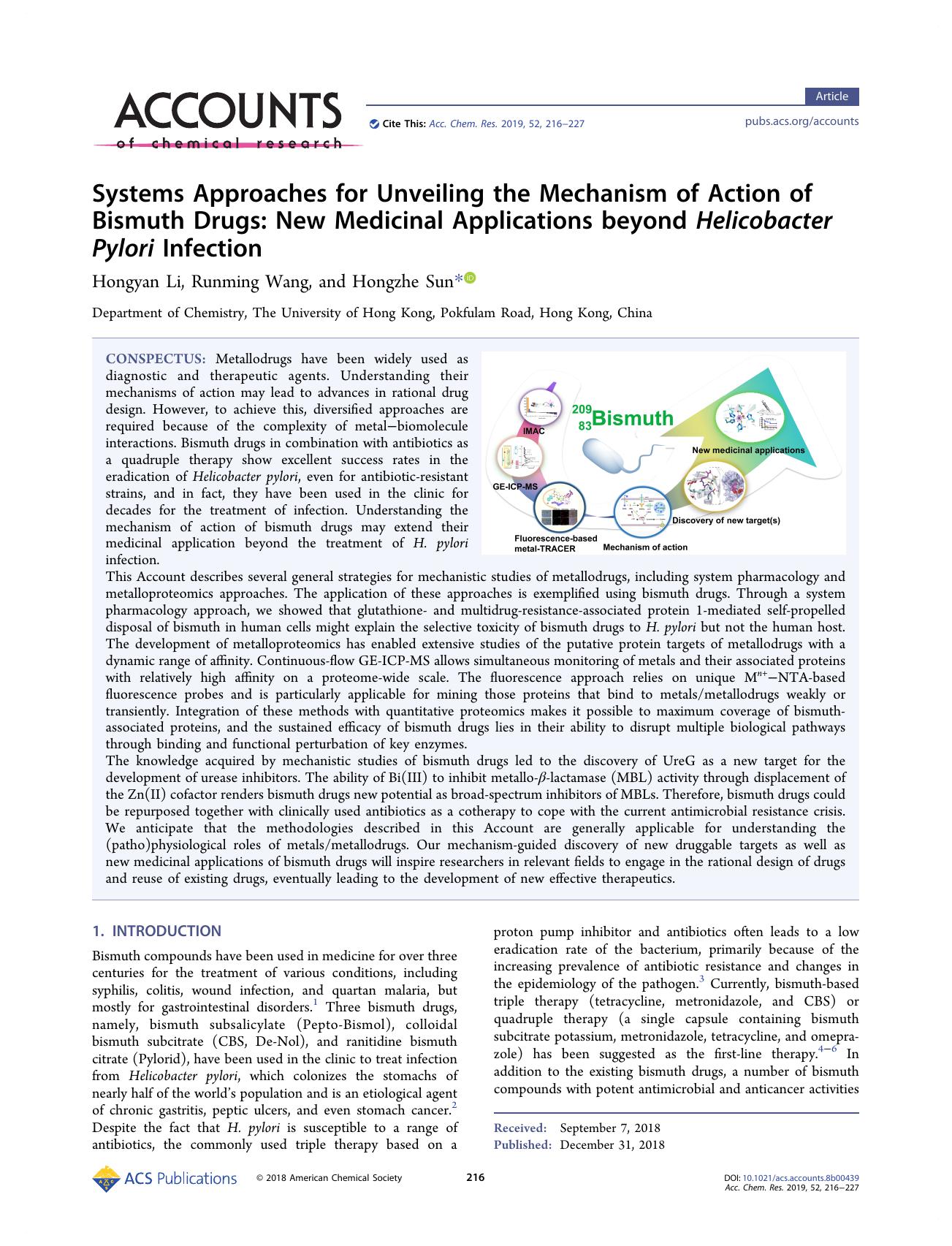 Systems Approaches for Unveiling the Mechanism of Action of Bismuth Drugs: New Medicinal Applications beyond Helicobacter Pylori Infection by Hongyan Li; Runming Wang; Hongzhe Sun & Runming Wang & Hongzhe Sun