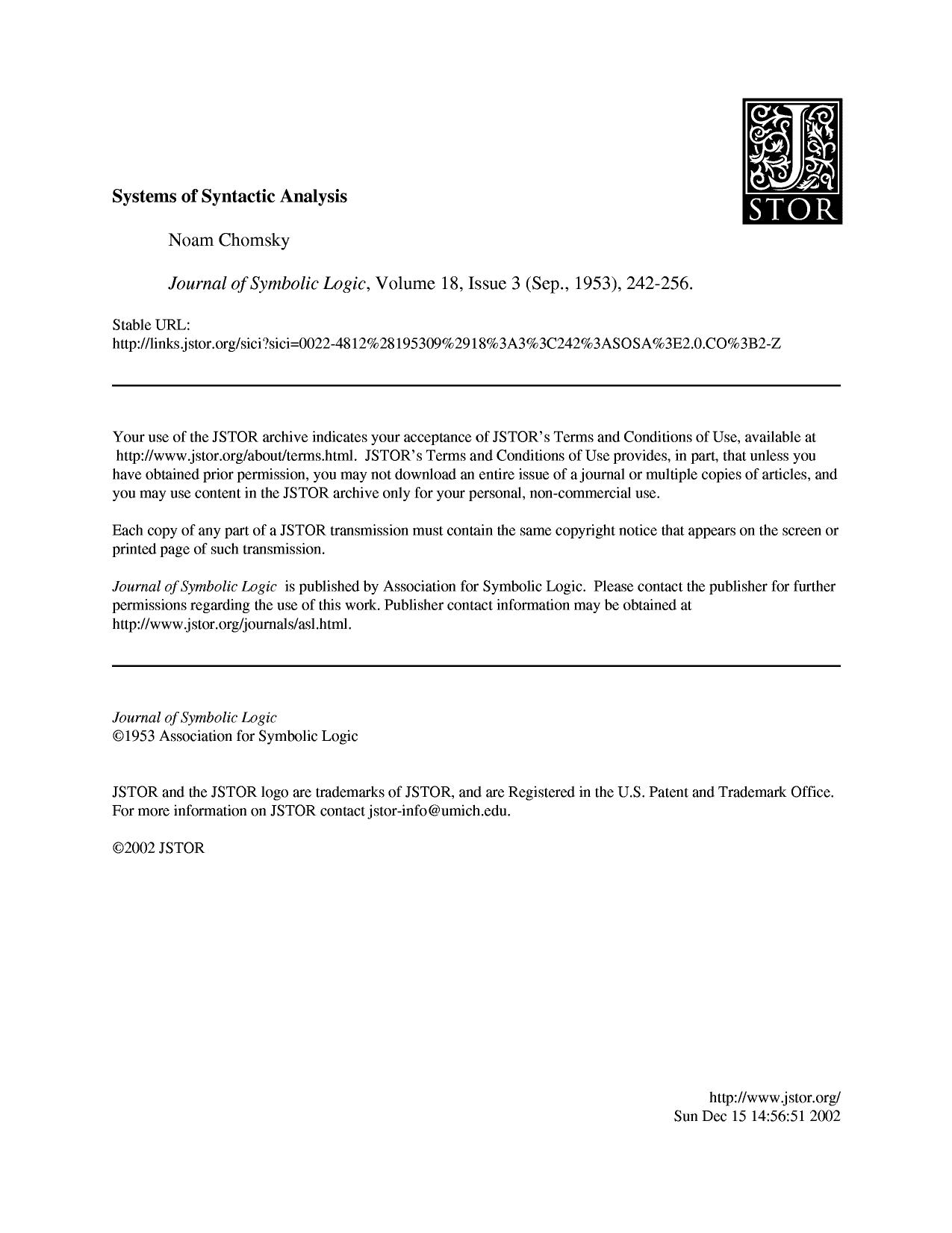 Systems Of Syntactic Analysis by Noam Chomsky