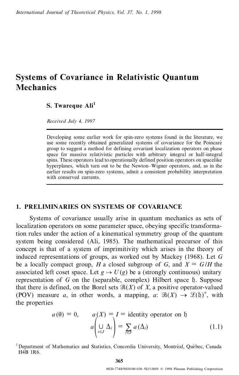 Systems of Covariance in Relativistic Quantum Mechanics by Unknown