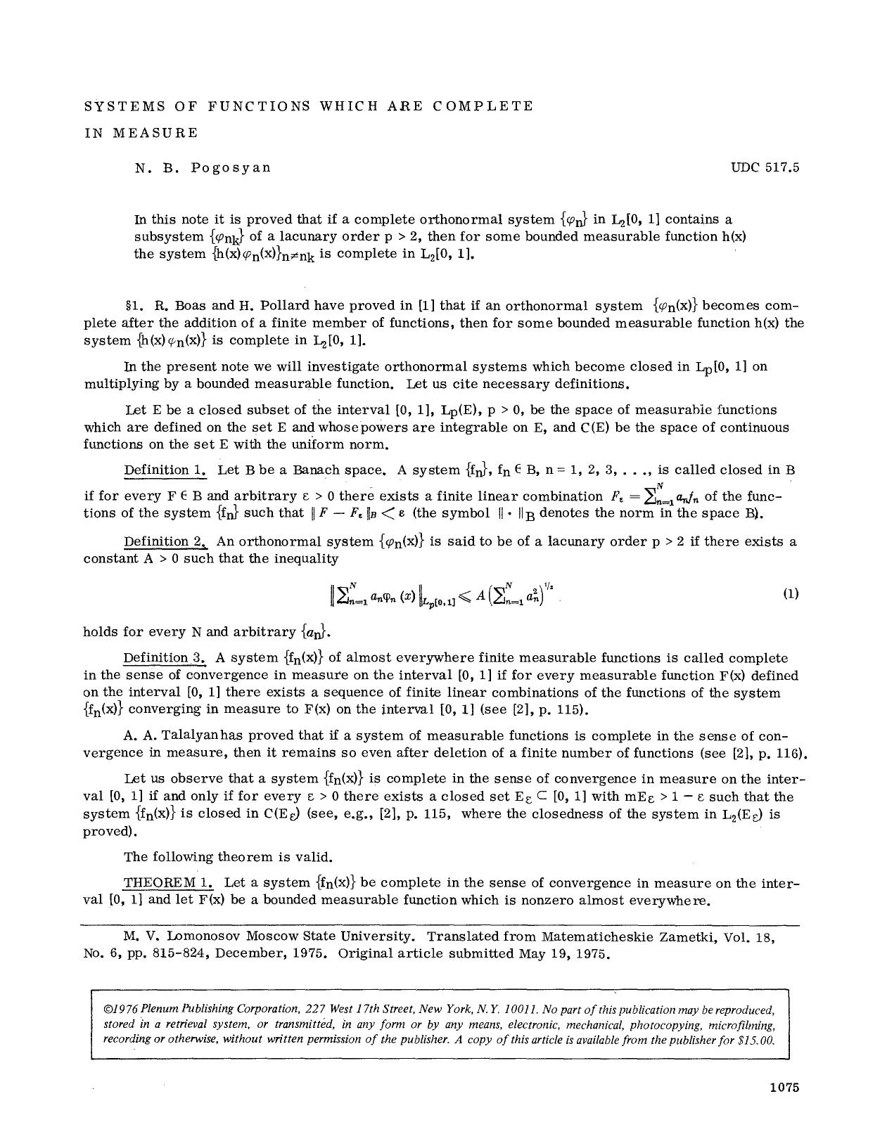 Systems of functions which are complete in measure by Unknown
