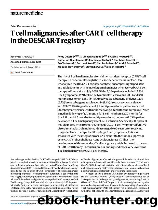 T cell malignancies after CAR Tâcell therapy in the DESCAR-T registry by unknow