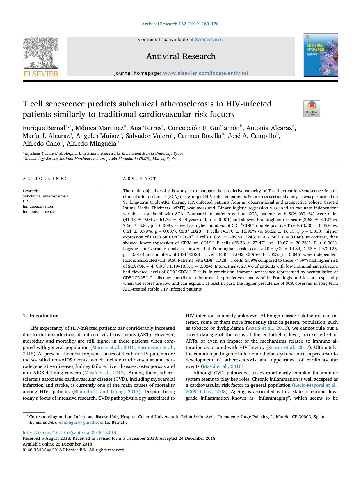 T cell senescence predicts subclinical atherosclerosis in HIV-infected patients similarly to traditional cardiovascular risk factors by unknow