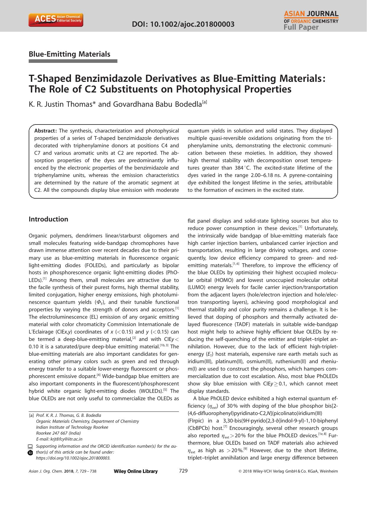 TâShaped Benzimidazole Derivatives as BlueâEmitting Materials: The Role of C2 Substituents on Photophysical Properties by Unknown