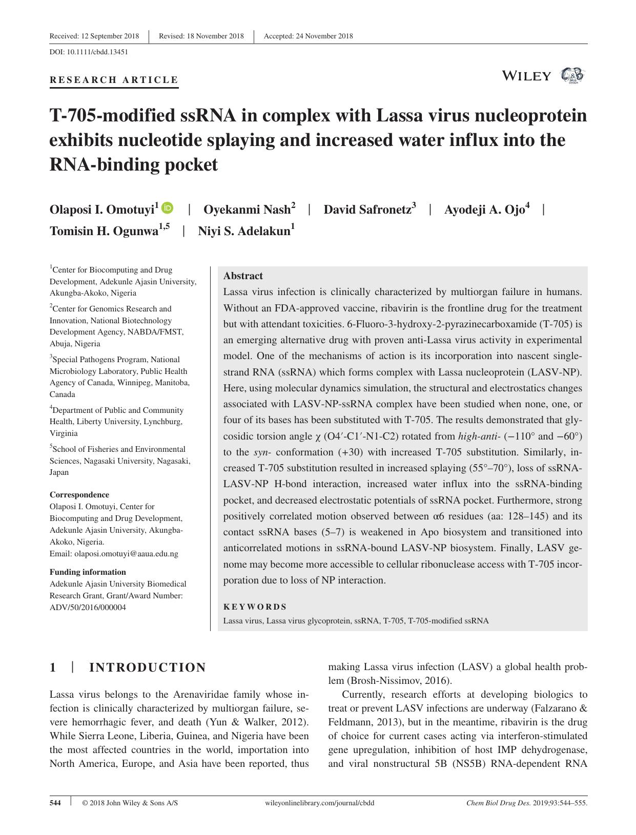 T‐705‐modified ssRNA in complex with Lassa virus nucleoprotein exhibits nucleotide splaying and increased water influx into the RNA‐binding pocket by unknow