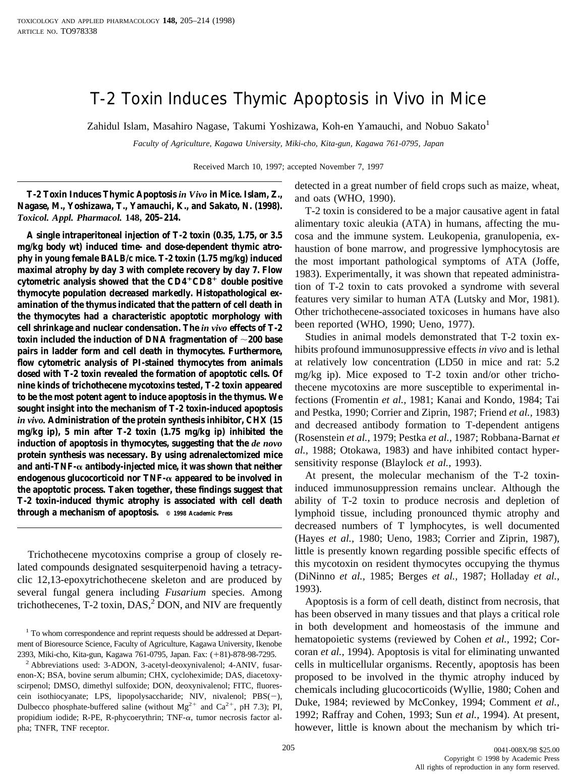 T-2 Toxin Induces Thymic Apoptosis in Vivo in Mice by Islam Z. et al