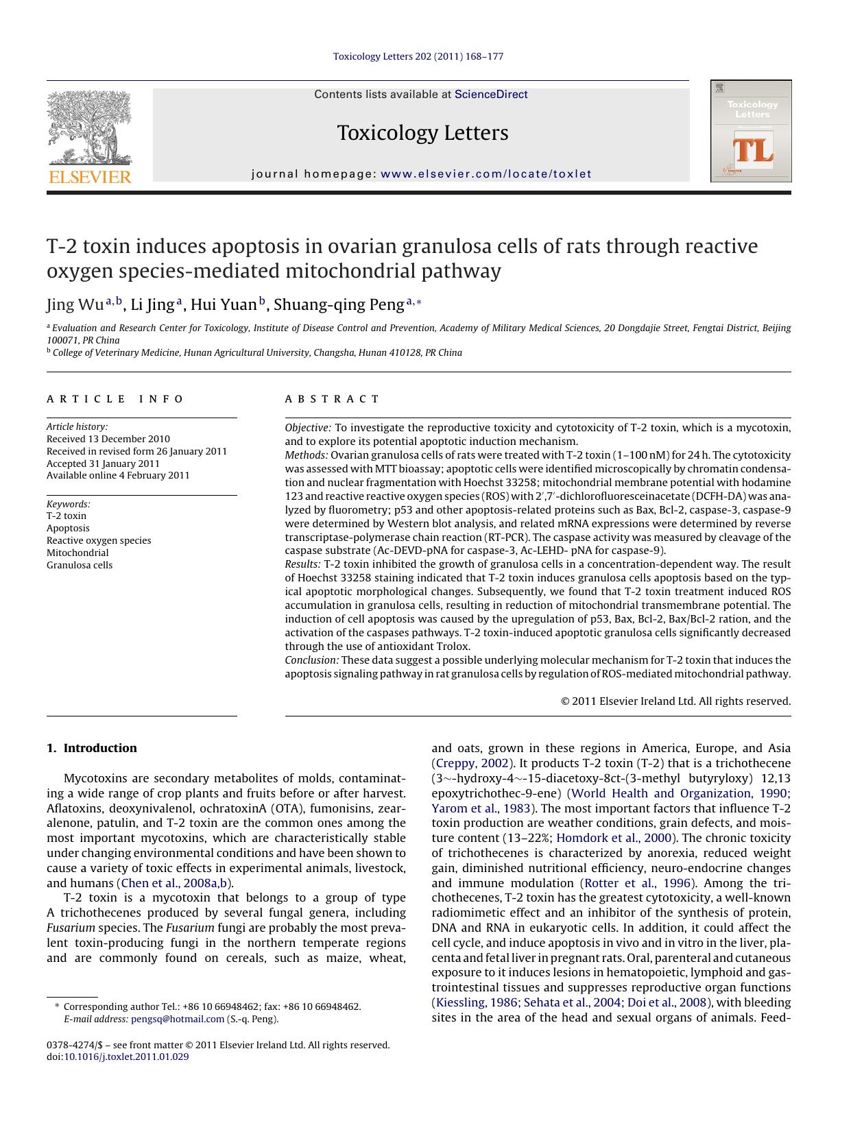T-2 toxin induces apoptosis in ovarian granulosa cells of rats through reactive oxygen species-mediated mitochondrial pathway by Jing Wu