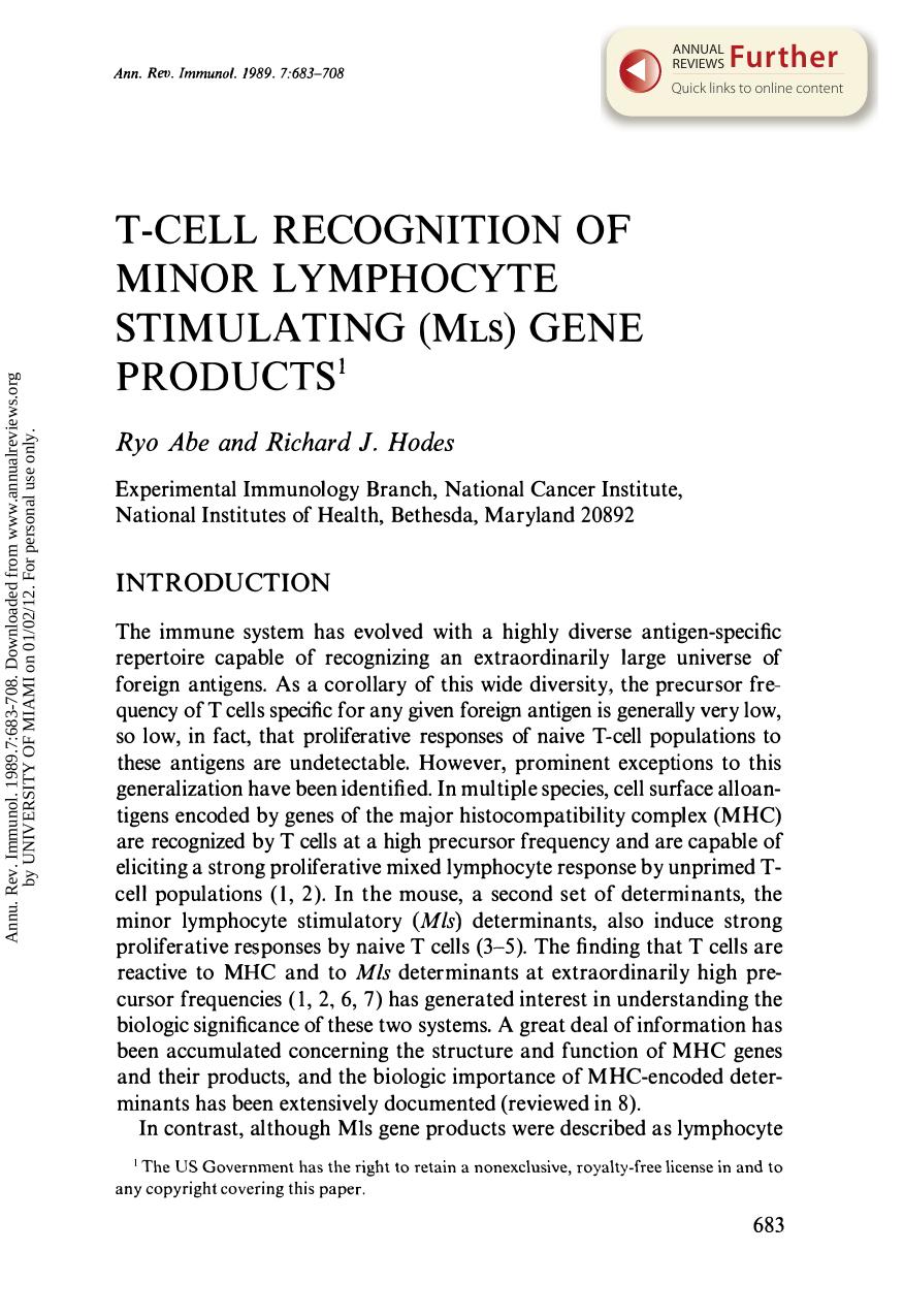 T-Cell Recognition of Minor Lymphocyte Stimulating (MLS) Gene Products by R Abe & R J Hodes