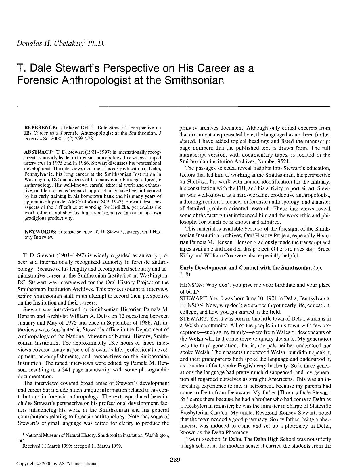 T. Dale Stewart's perspective on his career as a forensic anthropologist at the Smithsonian by Ubelaker DH