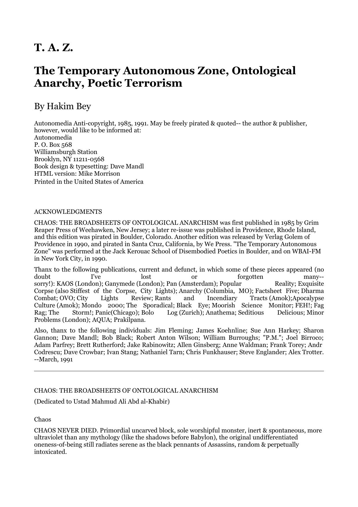 T.A.Z the temporary autonomous zone, ontological anarchy, poetic terrorism by Hakim Bey