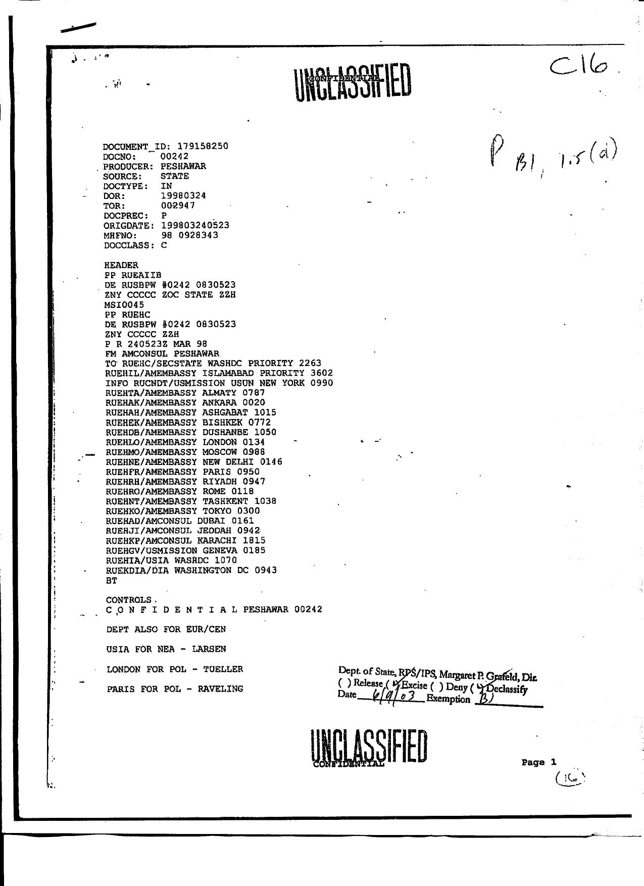 T1 B17 Al Qaeda-UBL Commentary Fdr- 3-24-98 Cable from US Consul Peshawar re Pakistani Military Assistance to Taliban 235 by Unknown