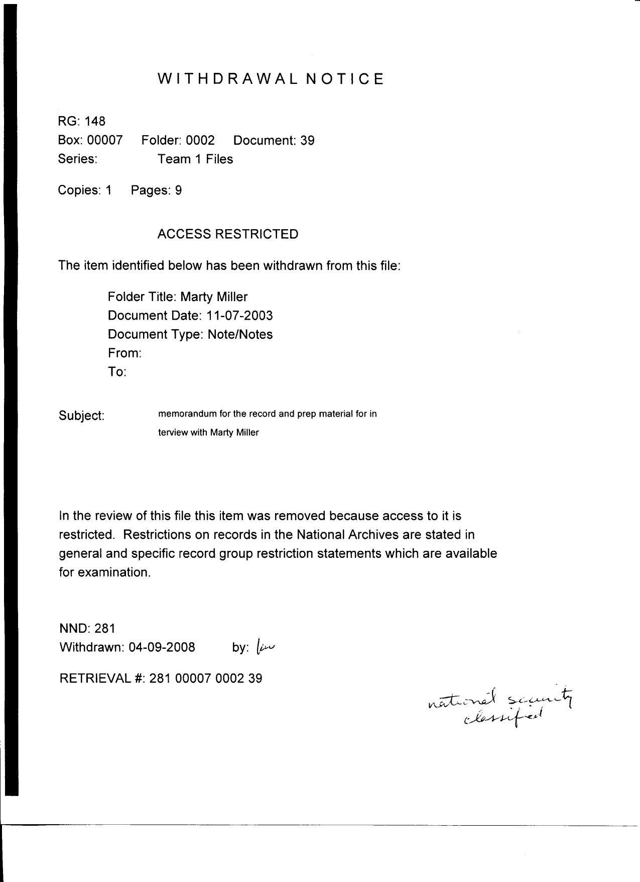 T1 B19 Marty Miller Fdr- Entire Contents- Withdrawal Notice re MFR and Interview Prep- also Letter from Unocal Attorney re John Walker Lindh Allegation of Unocal-Taliban Agreement 611 by Unknown