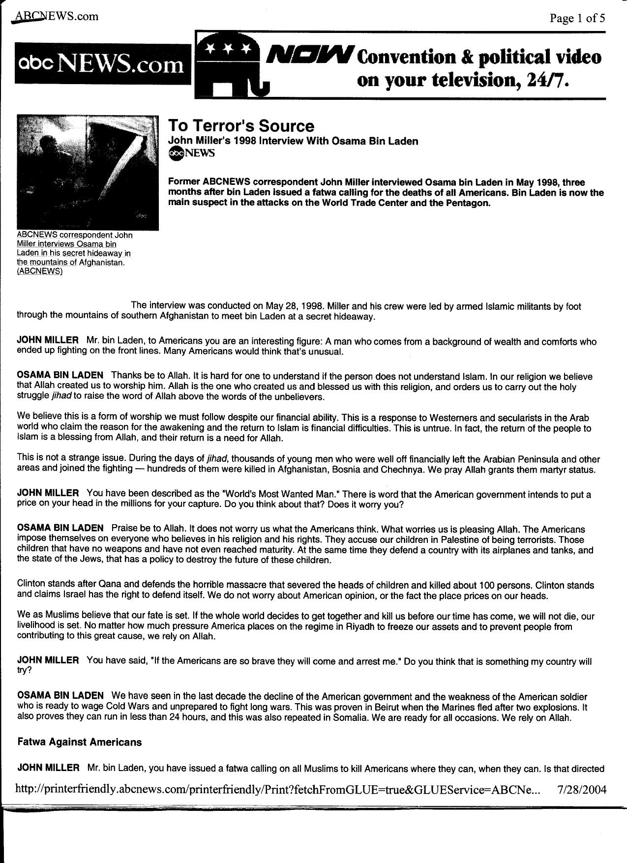 T1 B21 UBL Interviews Fdr- Entire Contents- 3 Transcripts- Bin Laden Interviews- 1st pgs scanned for reference- fair use 852 by Unknown