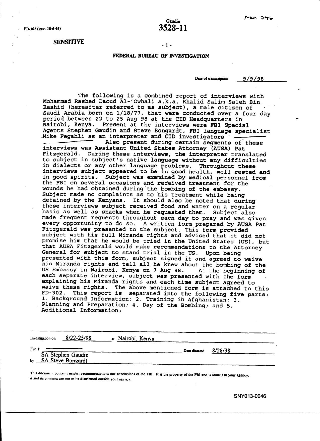 T1 B26 Patrick Fitzgerald Fdr- 8-22-98 FBI Interviews w Mohammad Al-'Owhali aka Khalid Bin Rashid 618 by Unknown