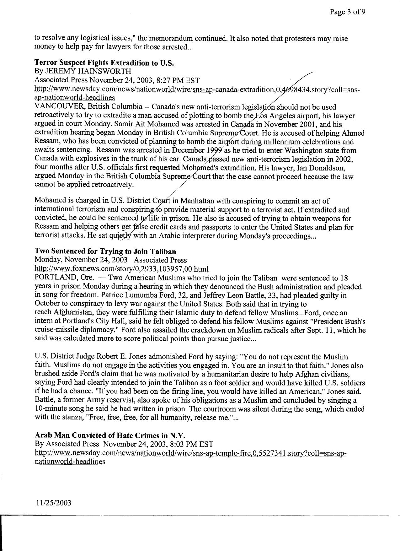 T1 B31 US v Battle and Ford Fdr- Entire Contents- Press Clip and Withdrawal Notice- 30 pgs- 11-21-03 Govt Sentencing Memo 132 by Unknown