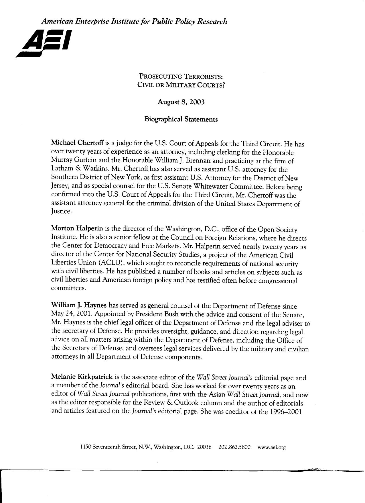 T1A B48 Seminar Notes Fdr- 8-8-03 Seminar Materials- AEI- Prosecuting Terrorists- Civil or Military Courts by Unknown